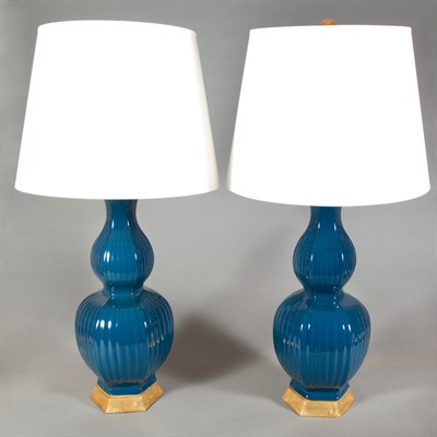 Lot 414 - Pair of Blue Porcelain Double-Gourd Lamps...