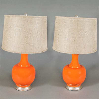 Lot 134 - Pair of Orange Porcelain Lamps Modern Each...