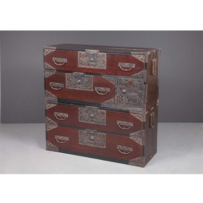 Lot 262 - Two Korean Metal Mounted Stained Wood Wedding...