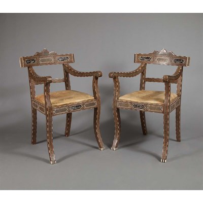 Lot 405 - Pair of Qajar Bone Inlaid Teak Armchairs Each...
