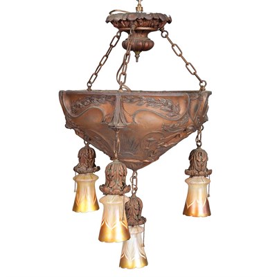 Lot 514 - Art Nouveau Metal Clad Composition Quezal Four-...