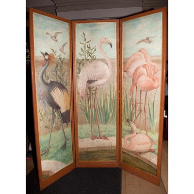 Lot 417 - Bird Decorated Wood Three-Panel Screen Height...