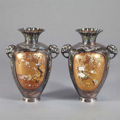 Lot 1 - Pair of Japanese Silver and Shibayama Vases...