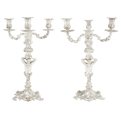 Lot 297 - Pair of George V Silver Three-Light Candelabra...