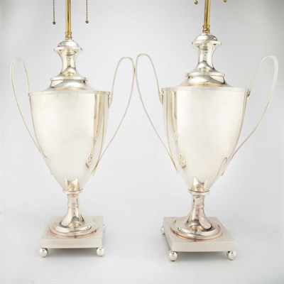 Lot 304 - Pair of Silver Plated Urn-Form Lamps Height 21...