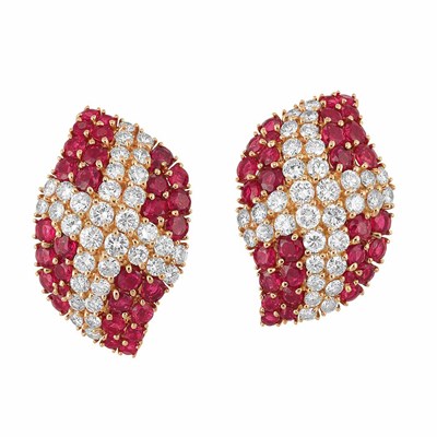Lot 470 - Pair of Gold, Ruby and Diamond Earclips