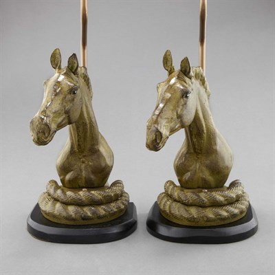 Lot 259 - Pair of Bronze Horse Head Lamps Height 10 1/2...