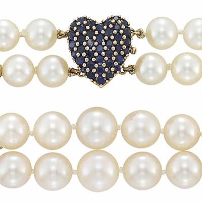 Lot 38 - Double Strand Cultured Pearl Necklace with Gold and Sapphire Heart Clasp