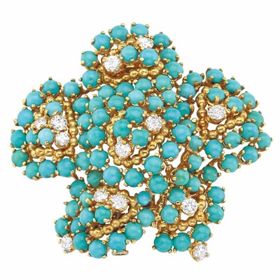 Lot 219 - Gold, Turquoise and Diamond Clip-Brooch, Tiffany & Co.