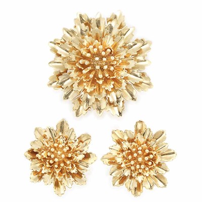 Lot 687 - Gold Flower Clip-Brooch and Pair of Earclips, Tiffany & Co.