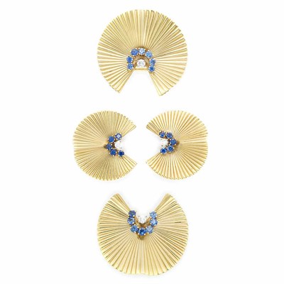 Lot 157 - Pair of Gold, Diamond and Sapphire Clip-Brooches and Pair of Earclips, Tiffany & Co.
