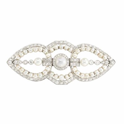 Lot 767 - Platinum, Natural Freshwater Button Pearl, Pearl and Diamond Brooch