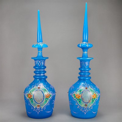 Lot 832 - Pair of Bohemian Enameled Blue Opaline Glass...