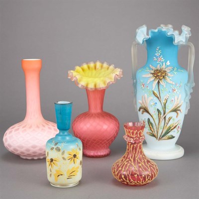 Lot 528 - Group of Eight Coralene and Satin Glass Vases...