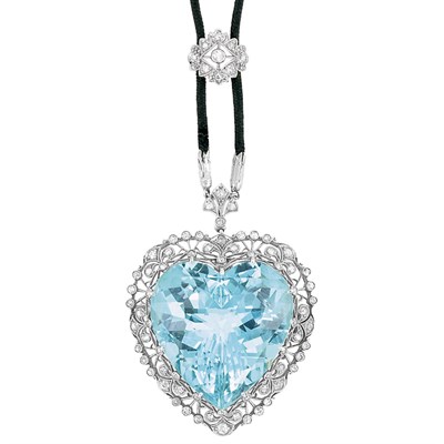 Lot 608 - Belle Epoque Platinum, Aquamarine and Diamond Pendant-Brooch with Black Cord Necklace