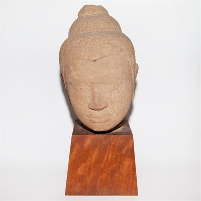 Lot 96A - Khmer Sandstone Head and Stand Height 11 1/2...