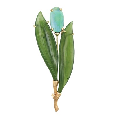 Lot 545 - Gold, Carved Nephrite and Opal Leaf Clip-Brooch, Mario Buccellati