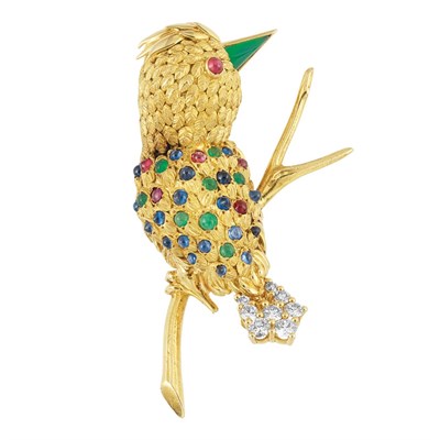 Lot 249 - Gold, Cabochon Colored Stone, Diamond and Dyed Green Chalcedony Bird Clip-Brooch, France