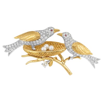 Lot 269 - Gold, Platinum, Diamond and Cultured Pearl Love Bird Brooch