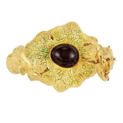 Lot 396 - Antique Gold, Carbuncle and Green Enamel Bangle Bracelet