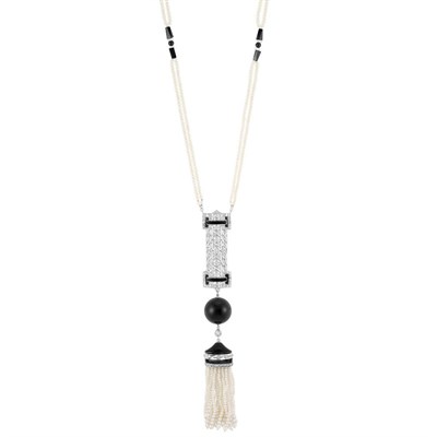 Lot 615 - Double Strand Seed Pearl, Platinum, Black Onyx, Rock Crystal and Diamond Sautoir