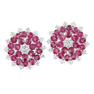 Lot 593 - Pair of Platinum, Diamond and Ruby Earclips