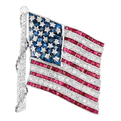 Lot 121 - Platinum, Diamond, Ruby and Sapphire American Flag Brooch