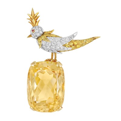 Lot 568 - Gold, Platinum, Diamond, Fancy Colored Diamond and Citrine 'Bird on a Rock' Brooch, Tiffany & Co., Schlumberger