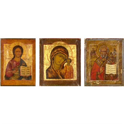 Lot 369 - Group of Russian Painted Wood Icons Each of...