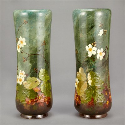 Lot 664 - Pair of Art Nouveau Painted Terra Cotta Vases...
