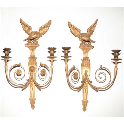 Lot 421 - Pair of Regency Gilt-Wood Two-Light Sconces...