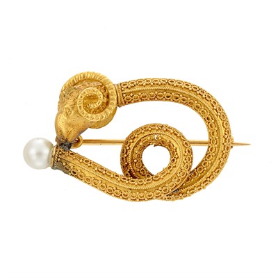 Lot 366 - Etruscan Revival Gold and Pearl Ram Pin