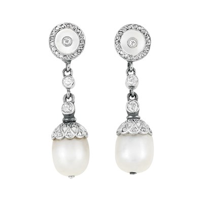 Lot 102 - Pair of Platinum, Diamond, Mother-of-Pearl and Natural Pearl Pendant-Earclips