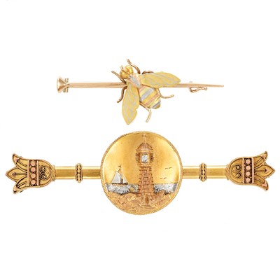 Lot 506 - Two Antique Variegated Gold Lighthouse and Insect Bar Pins