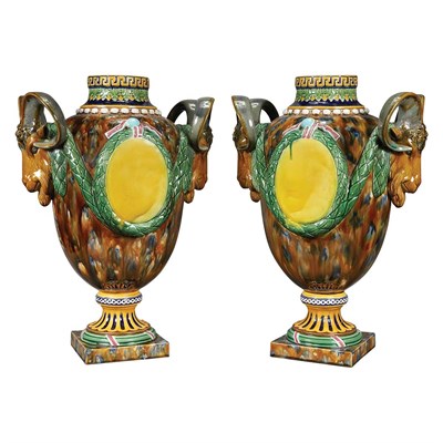 Lot 107 - Pair of English Majolica Urns Height 21 inches.