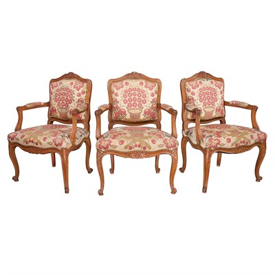 Lot 506 - Set of Three Louis XV Style Oak Fauteuils en...