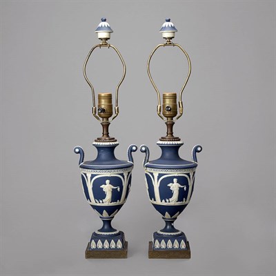 Lot 133 - Pair of Wedgwood Blue Basalt Urns Each mounted...