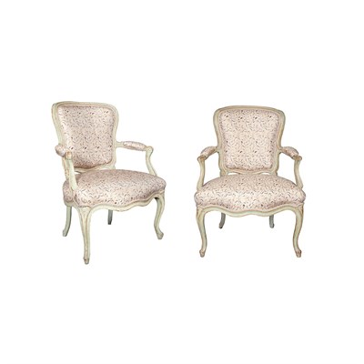 Lot 212 - Pair of Louis XV Green Painted Fauteuils en...