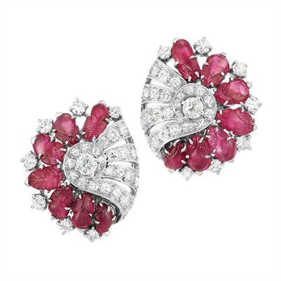 Lot 635 - Pair of Art Deco Platinum, Diamond and Carved Ruby Earclips