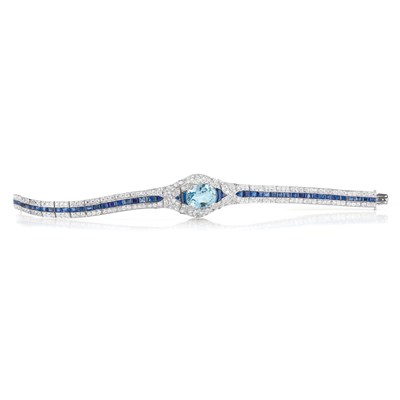 Lot 609 - Art Deco Platinum, Aquamarine, Diamond and Sapphire Bracelet