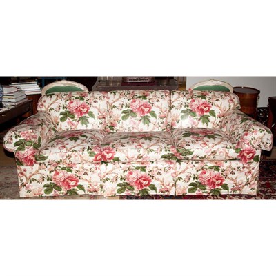 Lot 396 - Floral Upholstered Three-Seat Sofa Length 7...