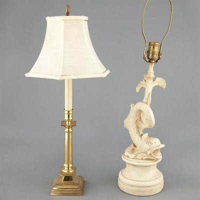 Lot 100 - English Style Brass Lamp; Together with a Fish-...