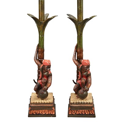 Lot 216 - Pair of Painted Composition Monkey-Form Lamps...