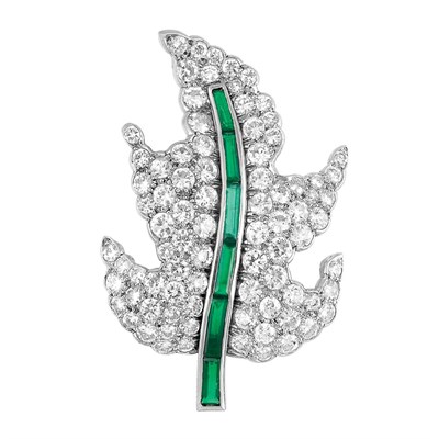 Lot 109 - Platinum, Diamond and Emerald Leaf Brooch