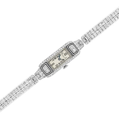 Lot 616 - Art Deco Platinum, Diamond and Black Enamel Wristwatch, Patek Philippe