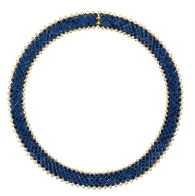 Lot 471 - Gold, Invisibly-Set Sapphire and Diamond Necklace