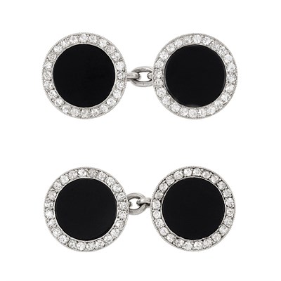 Lot 194 - Pair of Art Deco Platinum, Black Onyx and Diamond Cufflinks, Cartier