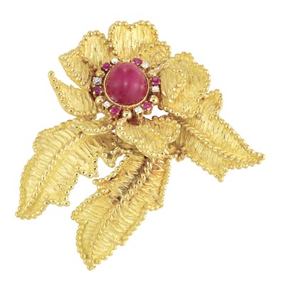 Lot 17 - Gold, Cabochon Ruby, Ruby and Diamond Leaf Brooch, Tiffany & Co.