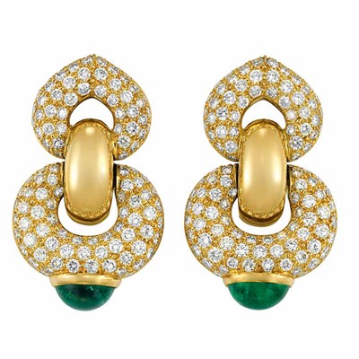 Lot 437 - Pair of Gold, Diamond and Cabochon Emerald Earrings, Bulgari