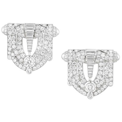 Lot 643 - Pair of Art Deco Platinum and Diamond Clips, France
